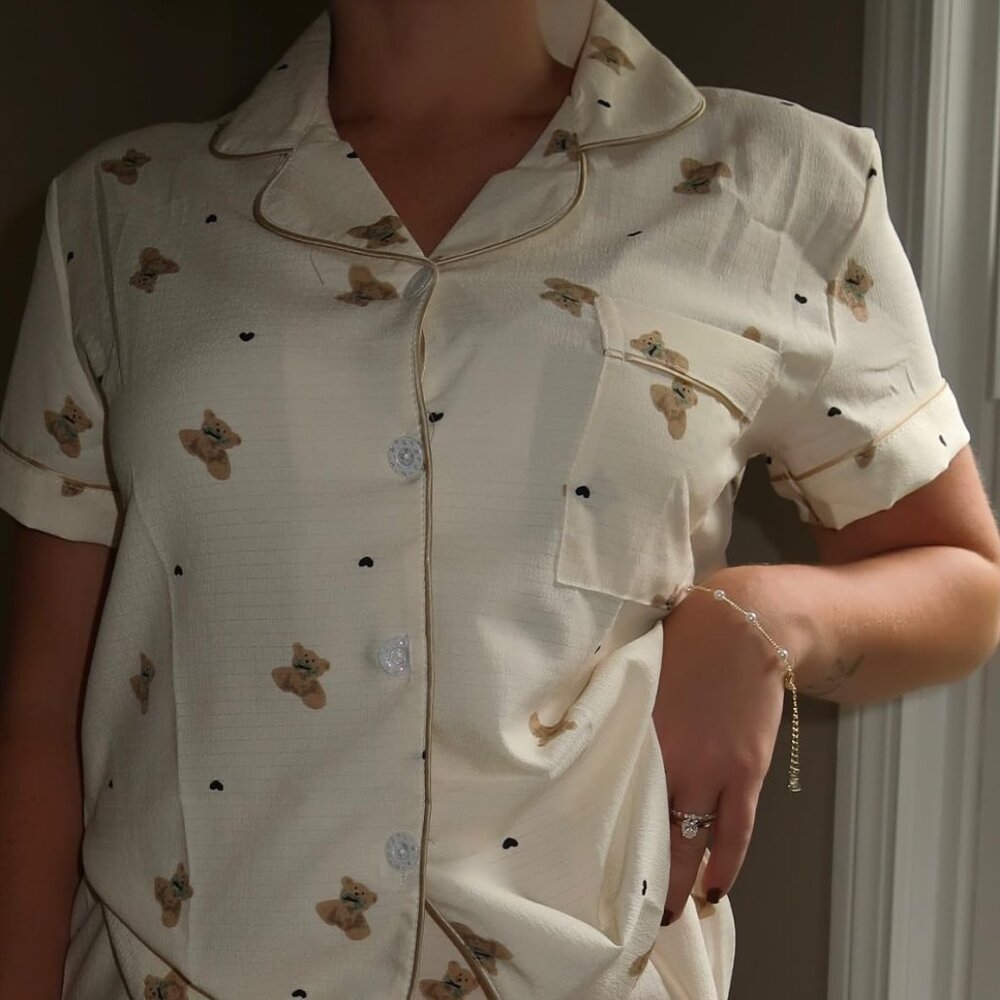 Heart & Bear Pattern Pj Set, Button Up Lounge Sle… - image 6